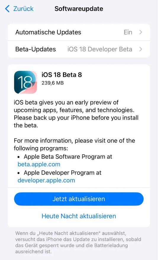 霍林郭勒苹果手机维修分享苹果 iOS / iPadOS 18 开发者预览版 Beta 8 发布 
